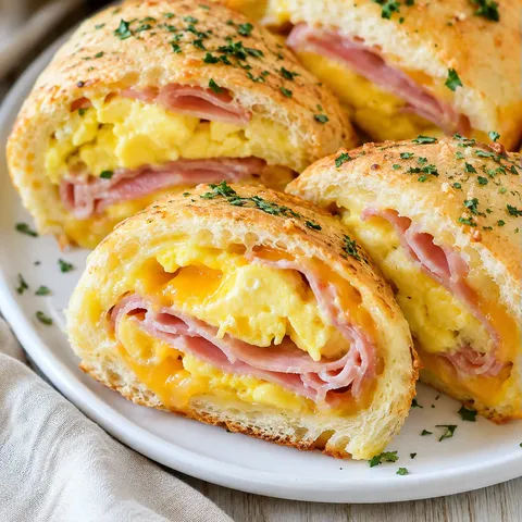 Ham, egg, and cheese breakfast rolls with melted cheddar and parsley