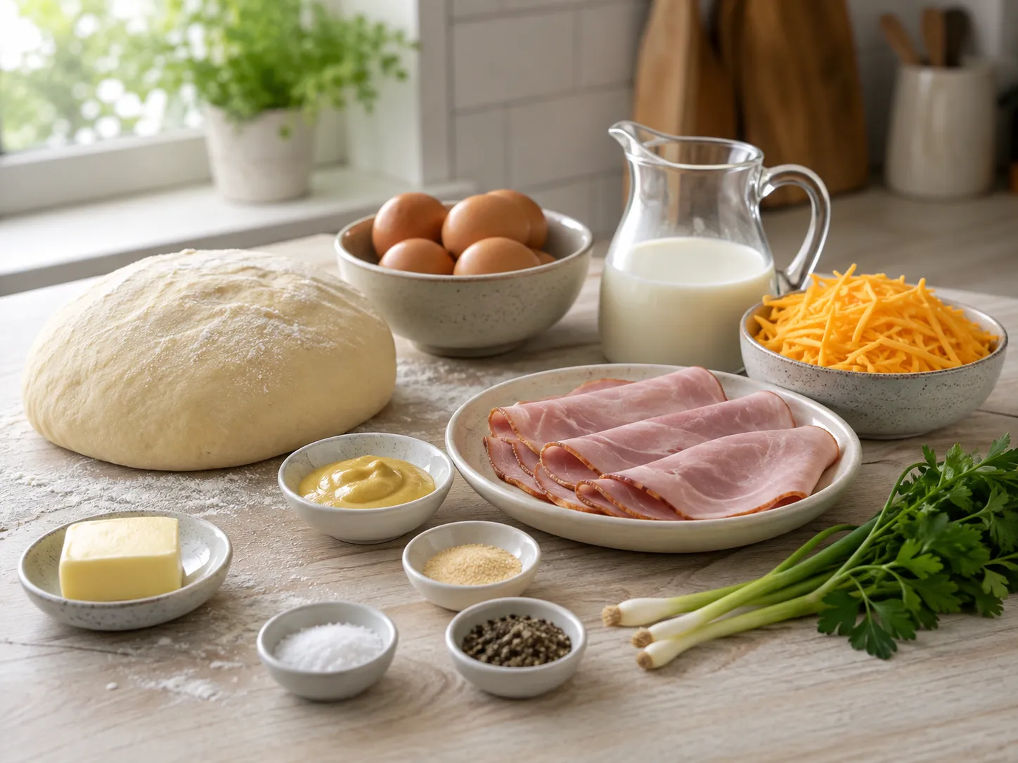 Ingredients for ham, egg, and cheese breakfast rolls on a wood surface