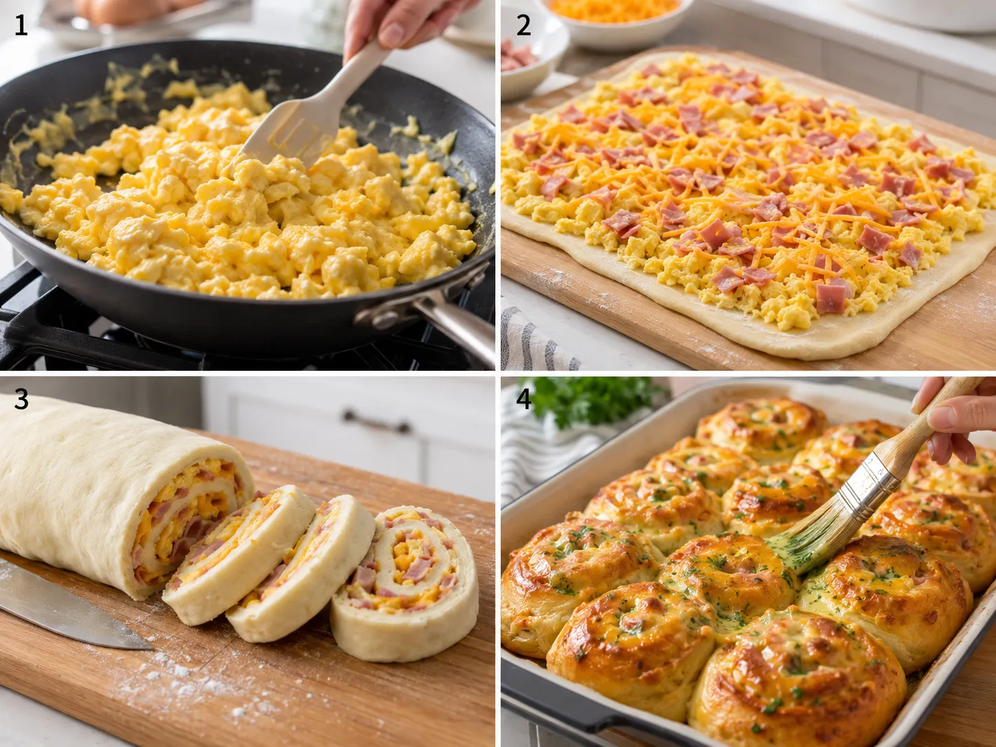 Four steps for making ham, egg, and cheese breakfast rolls