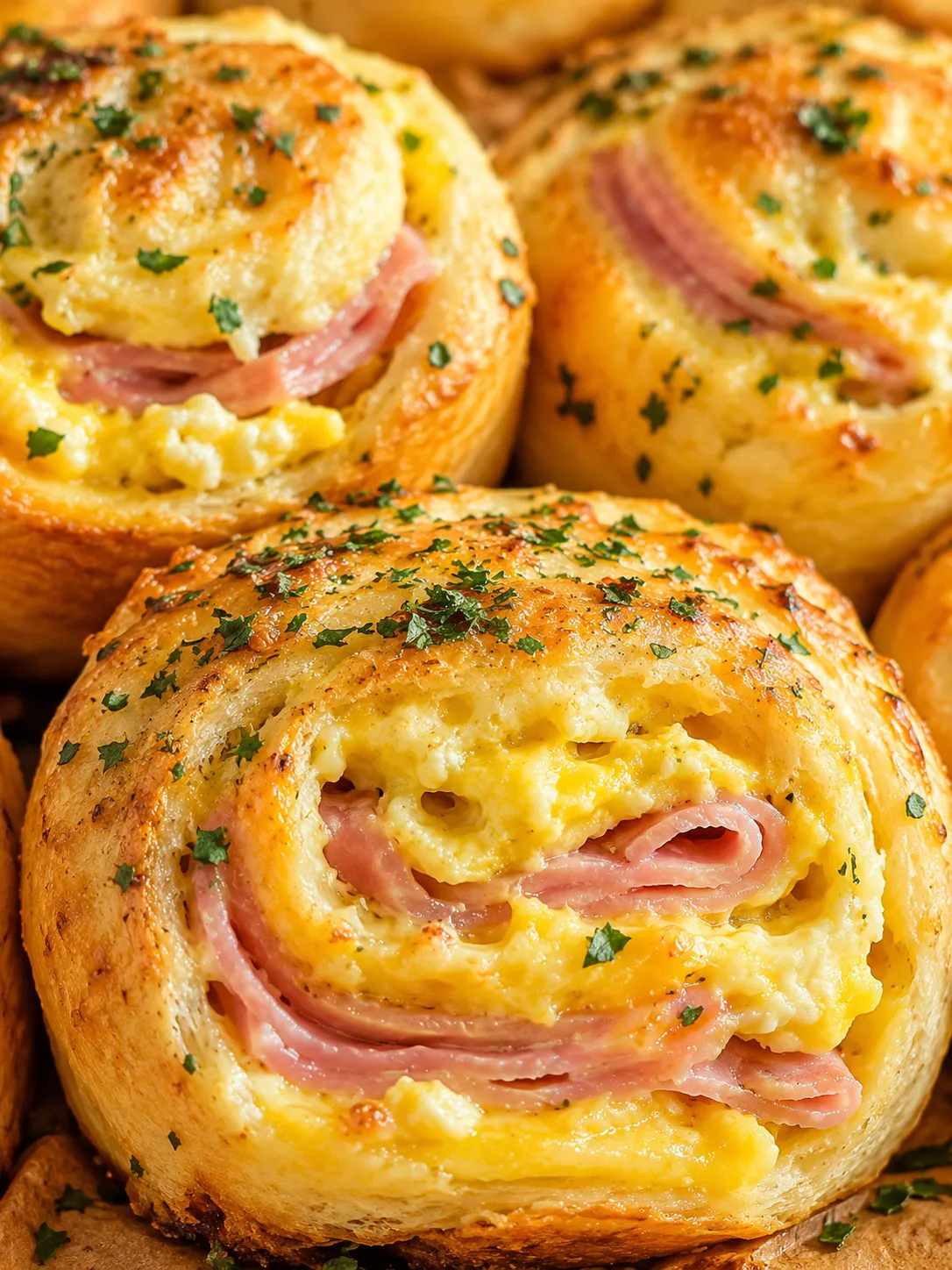 Golden ham, egg, and cheese breakfast rolls with melted cheddar