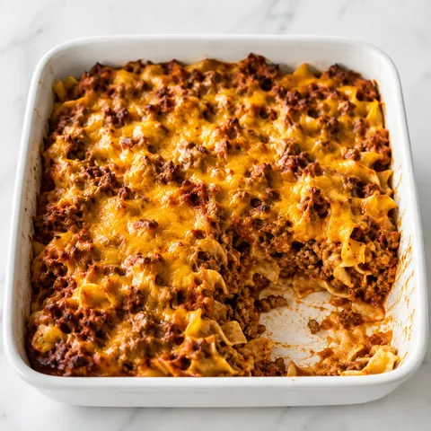 Hamburger casserole with creamy noodles and melted cheddar in a white baking dish