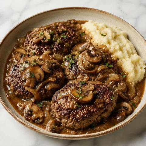 Hamburger steak with mushroom gravy and parsley on a ceramic plate