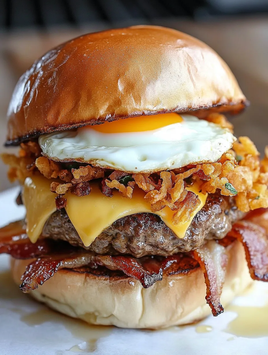 Hangover Burger Stacked with Bacon, Egg, and Hash Browns