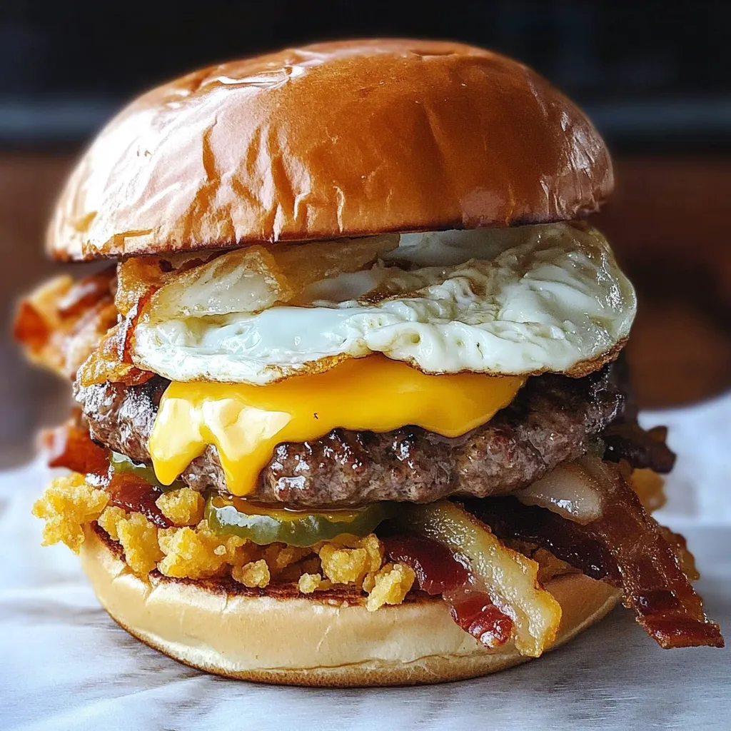 Hangover Burger Stacked with Bacon, Egg, and Hash Browns
