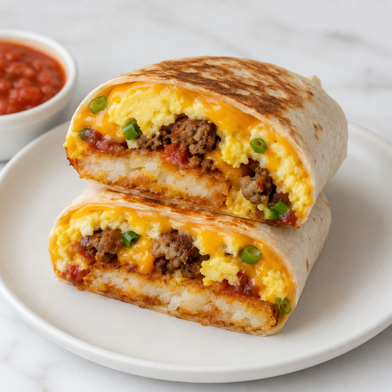 Hash brown breakfast burrito with eggs, sausage, cheddar, and salsa