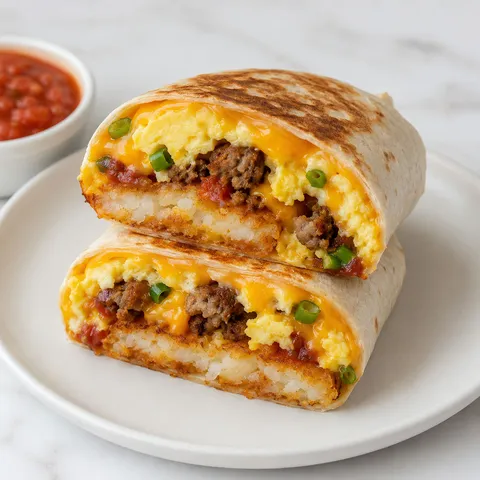 Hash brown breakfast burrito with eggs, sausage, cheddar, and salsa