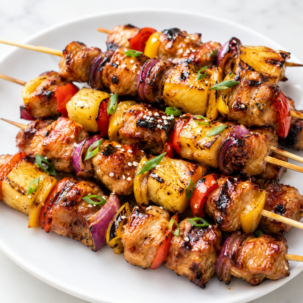 Hawaiian chicken kebabs with pineapple, peppers, green onion, and sesame seeds