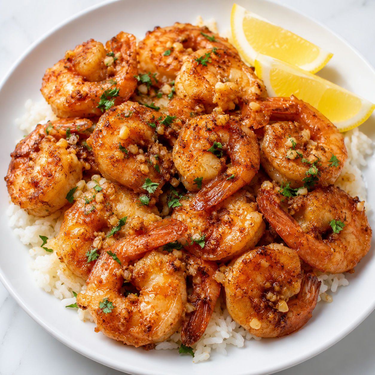 Hawaiian Garlic Shrimp with rice, lemon wedges, and golden garlic butter