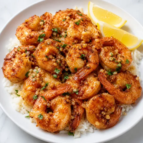 Hawaiian Garlic Shrimp with rice, lemon wedges, and golden garlic butter