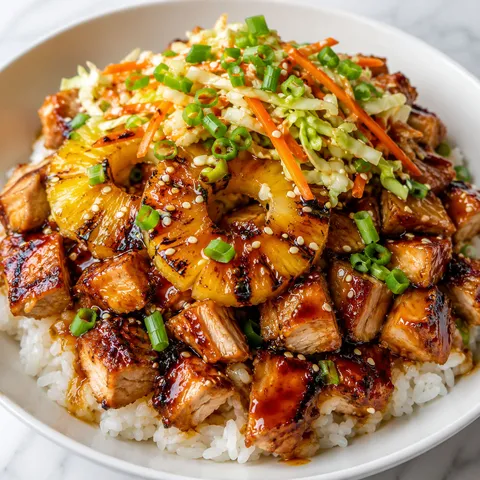 Huli huli chicken stack with grilled pineapple, rice, slaw, and sesame seeds