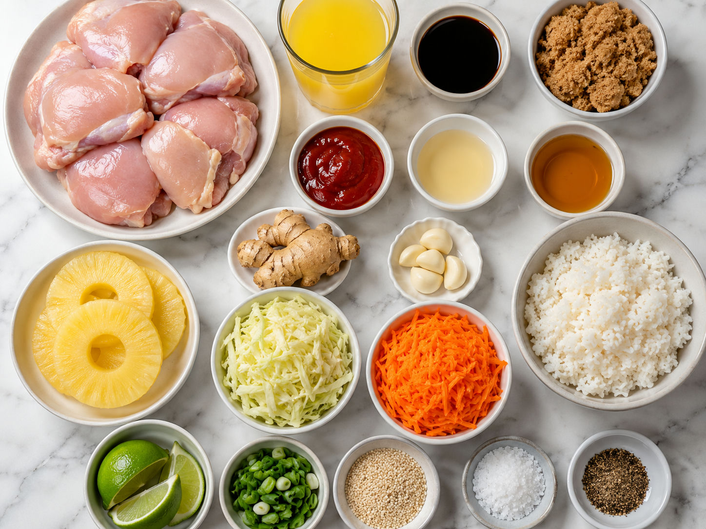 Ingredients for huli huli chicken stacks with pineapple, rice, and slaw