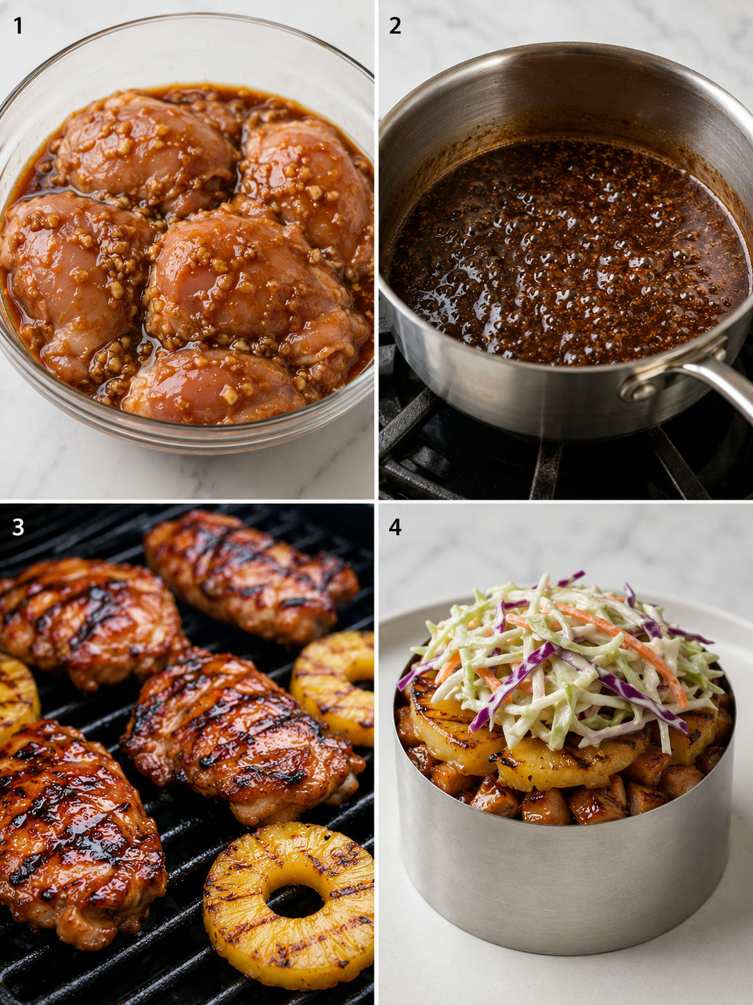 Four steps for making huli huli chicken stacks with pineapple and rice