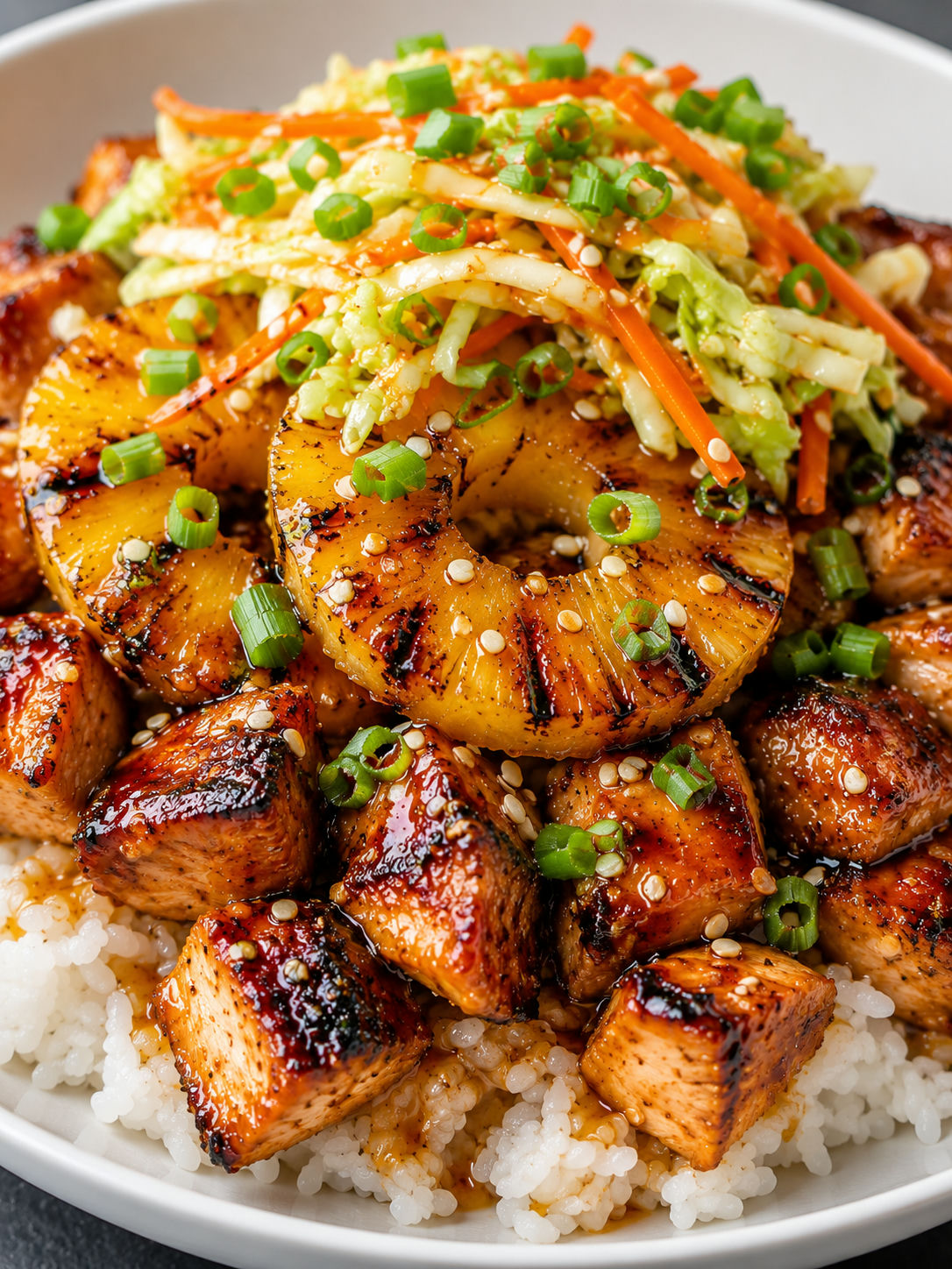 Stacked huli huli chicken with grilled pineapple, rice, slaw, and glaze