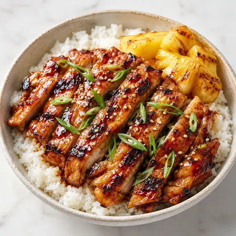 Hawaiian teriyaki chicken with rice, scallions, sesame, and pineapple