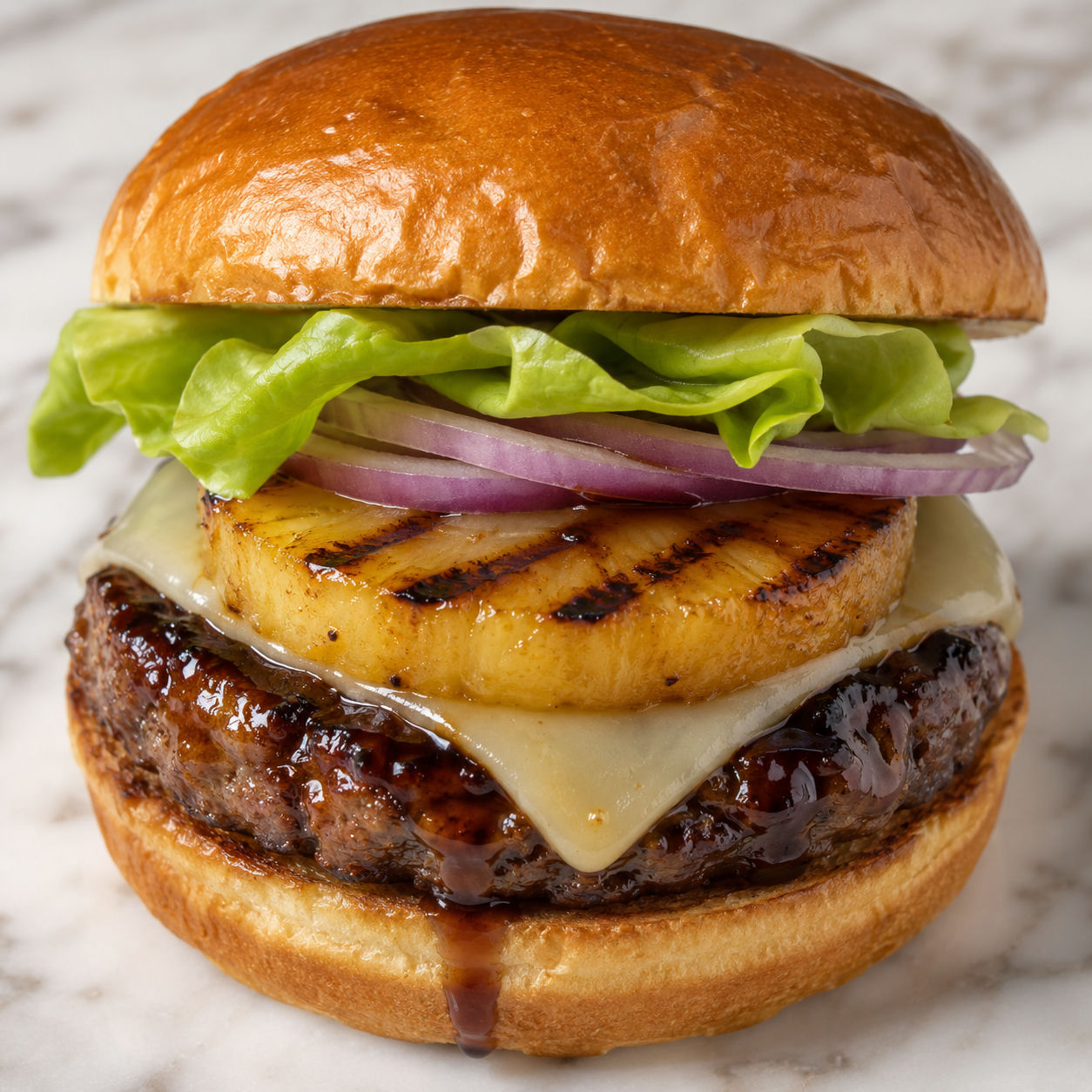 Hawaiian teriyaki burger with grilled pineapple, Swiss cheese, and teriyaki glaze on a toasted brioche bun