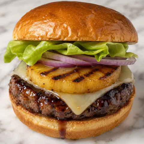 Hawaiian teriyaki burger with grilled pineapple, Swiss cheese, and teriyaki glaze on a toasted brioche bun
