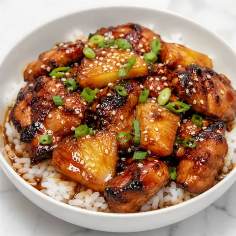 Hawaiian teriyaki chicken with pineapple over rice and scallions