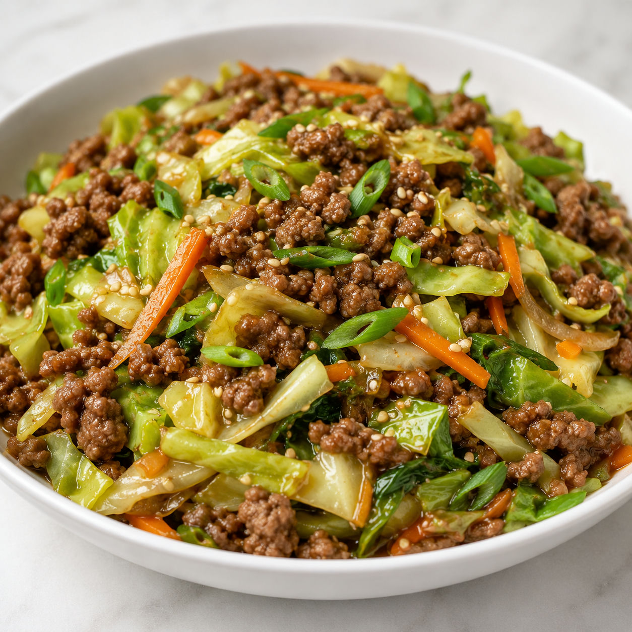 Healthy beef and cabbage stir fry with scallions and sesame seeds