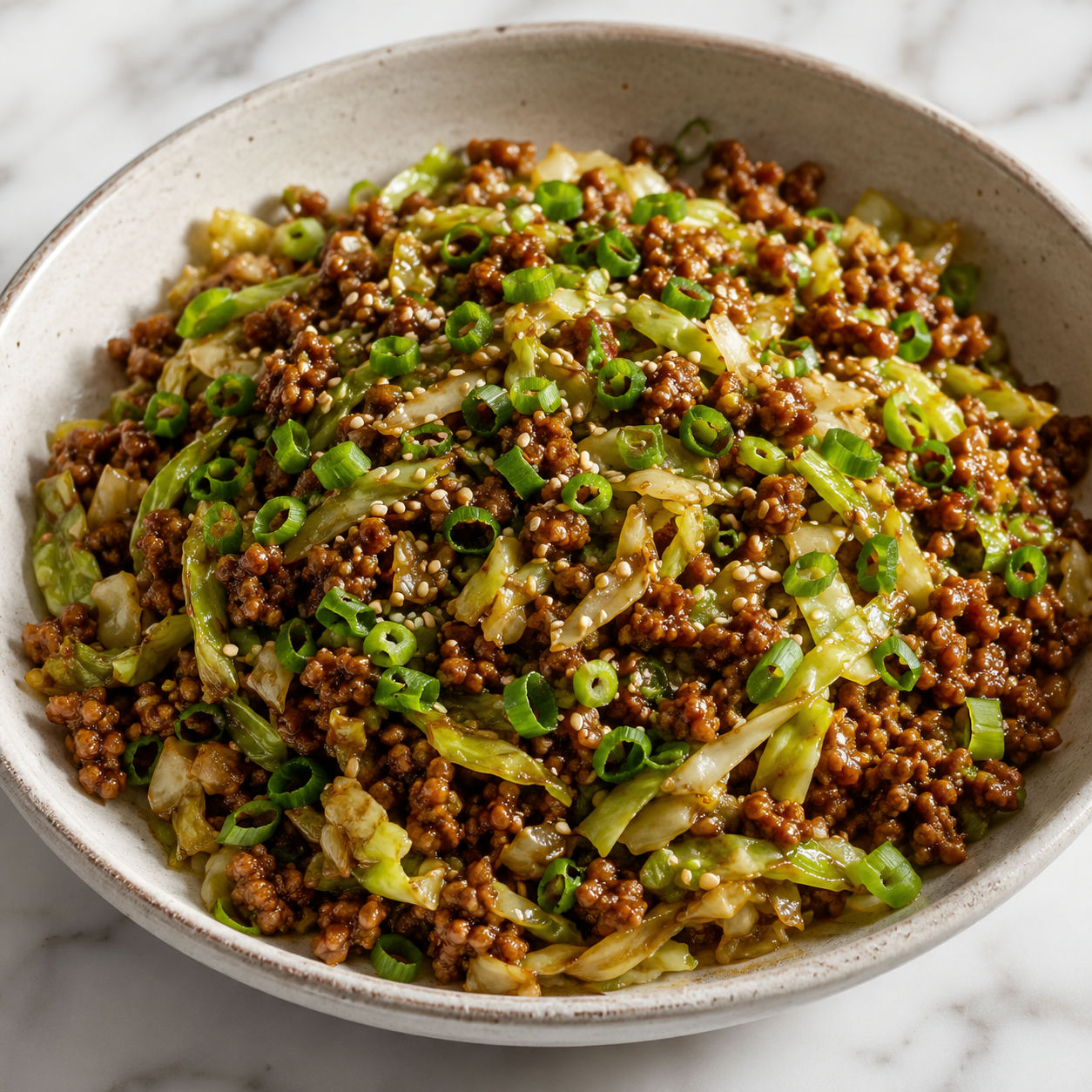 Chinese ground beef and cabbage stir fry with sesame seeds and green onions in a shallow ceramic bowl