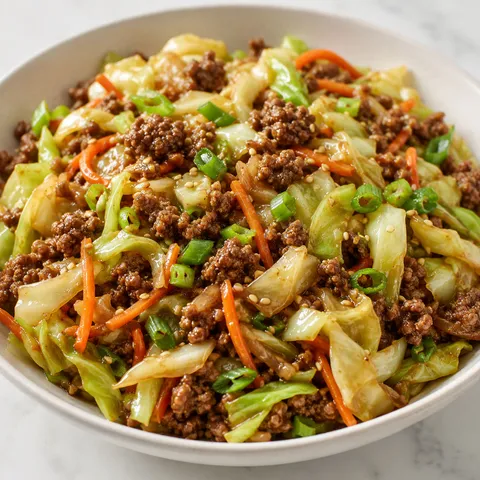 Chinese ground beef cabbage skillet with sesame seeds and green onions