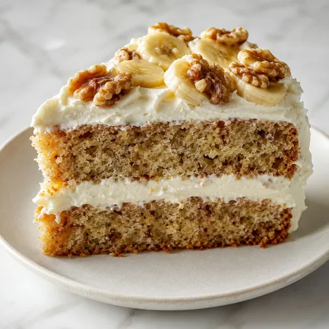 Slice of banana walnut cream cake with cream filling and toasted walnut garnish