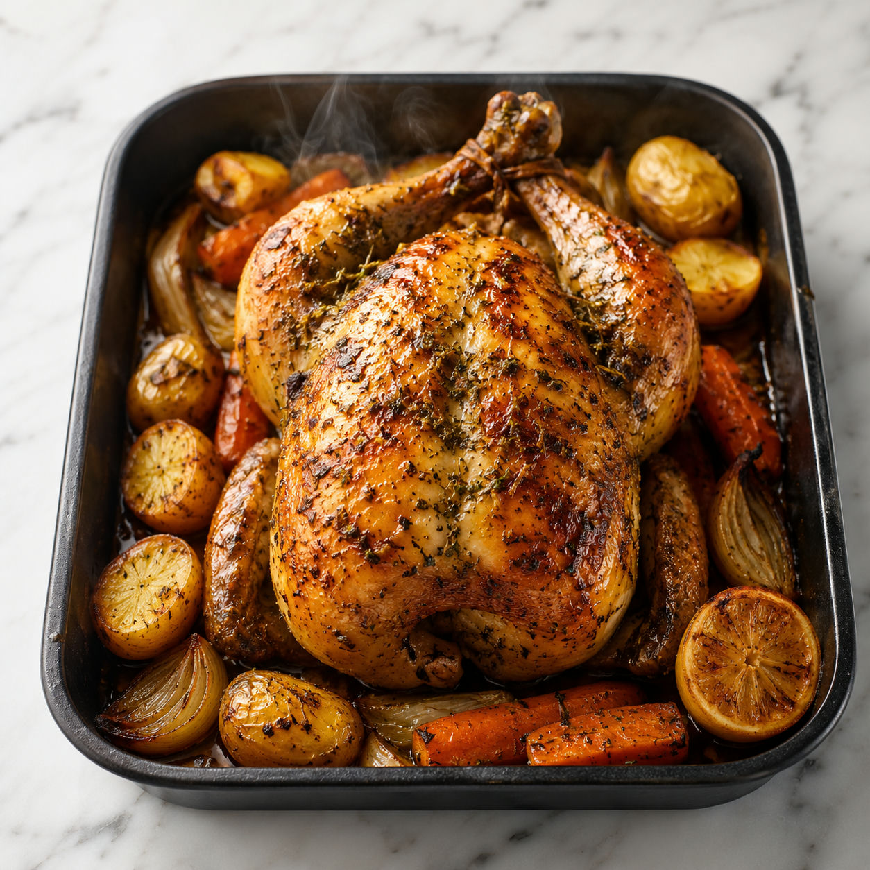 Whole herb butter roasted chicken with golden crispy skin over roasted potatoes and carrots in a pan
