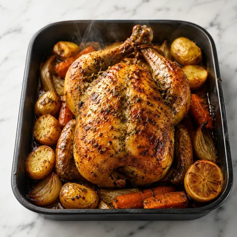 Whole herb butter roasted chicken with golden crispy skin over roasted potatoes and carrots in a pan