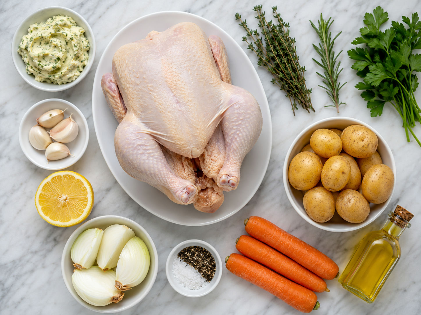 Raw ingredients for herb butter roasted chicken arranged on marble including whole chicken, herbs, lemon, garlic, and vegetables