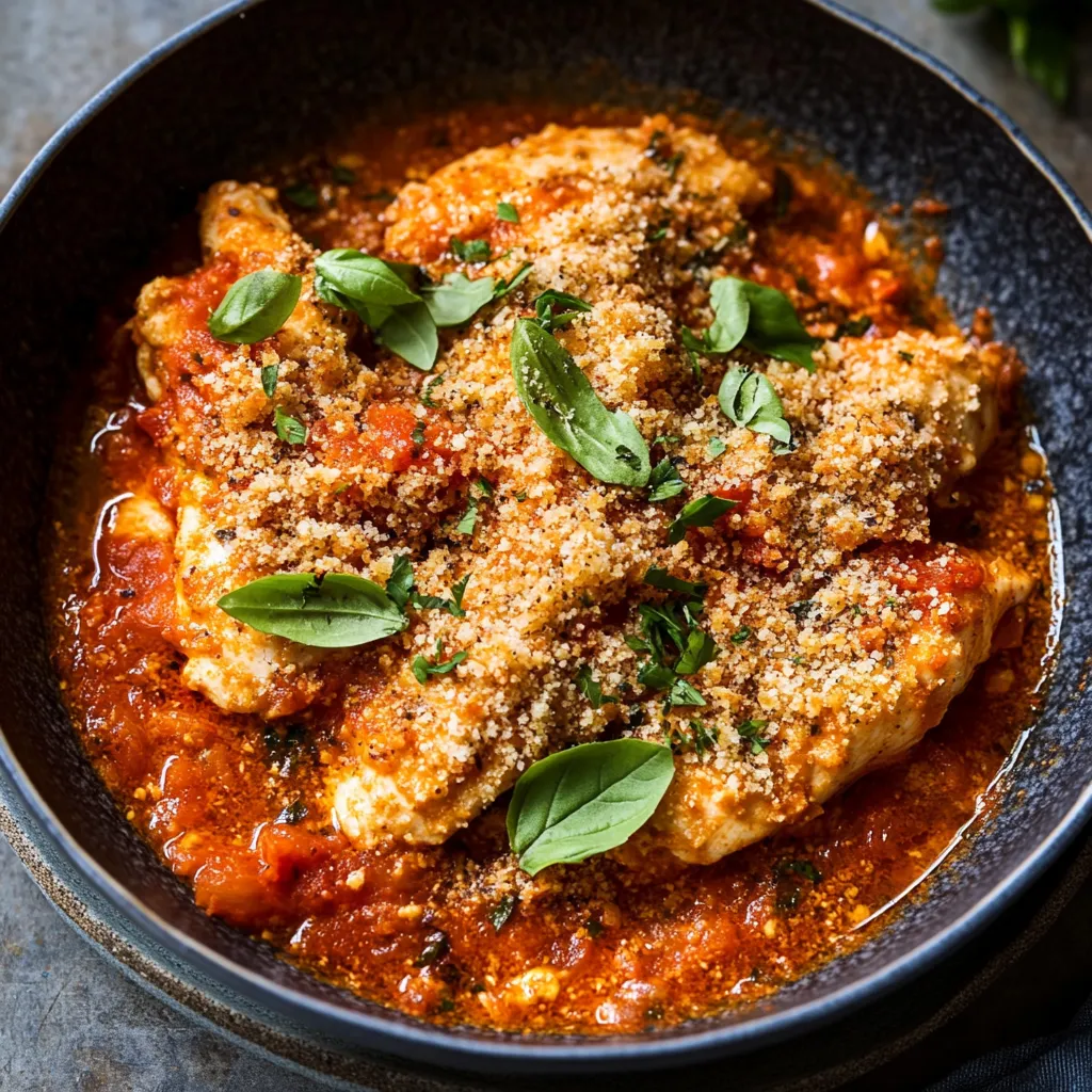 Savory Chicken with Herb Topping and Tomato Sauce