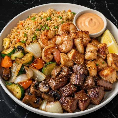 Hibachi chicken, steak, shrimp, fried rice, vegetables, and yum yum sauce
