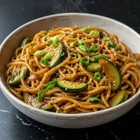Hibachi noodles in a shallow bowl with sesame seeds and green onions