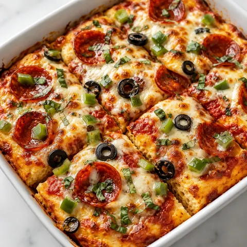 Cottage cheese pizza bake slices with mozzarella pepperoni peppers and olives