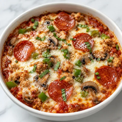 High protein pizza bowl with melted mozzarella, pepperoni, turkey, and basil