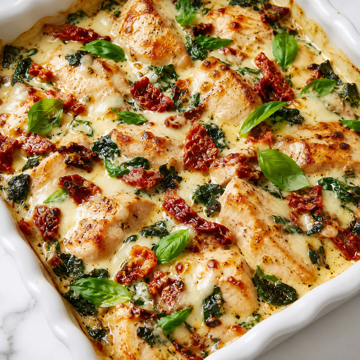 Tuscan spinach chicken bake with sun-dried tomatoes and melted mozzarella