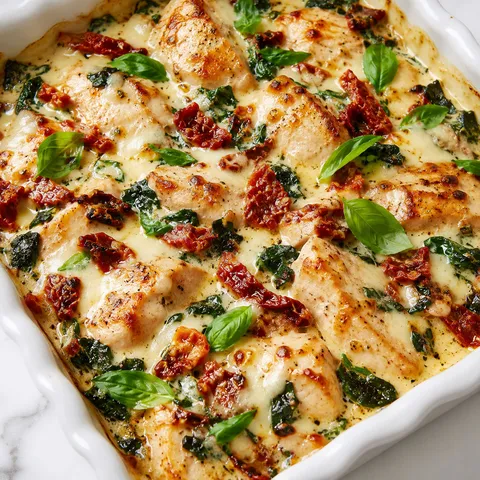 Tuscan spinach chicken bake with sun-dried tomatoes and melted mozzarella