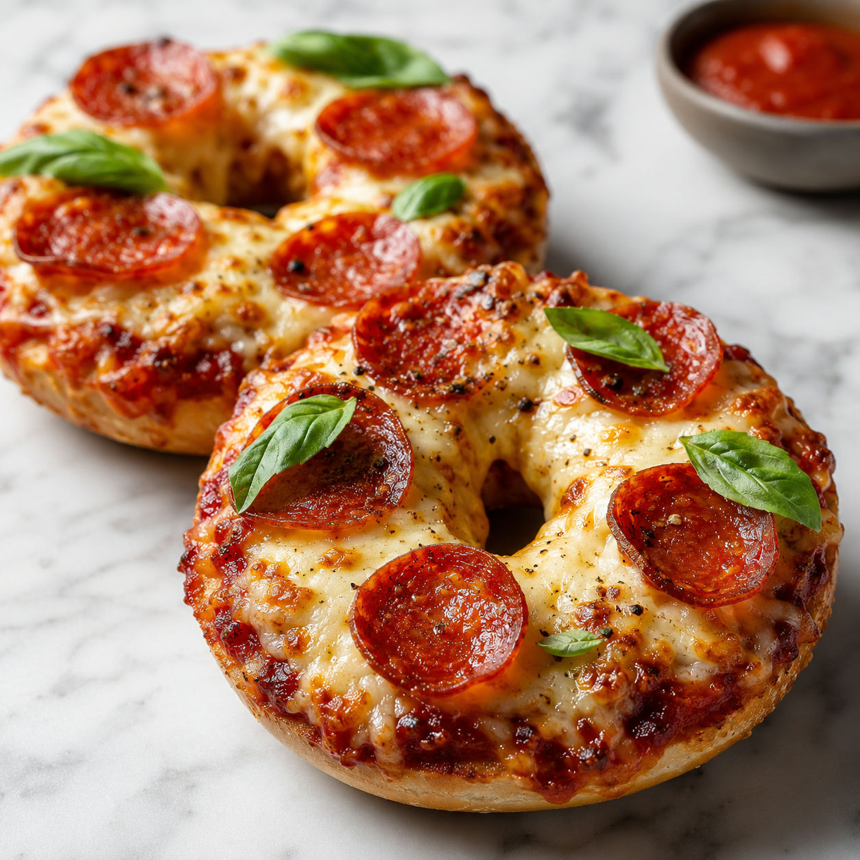 Homemade air fryer pizza bagels with melted mozzarella, pepperoni, and basil on a wooden board