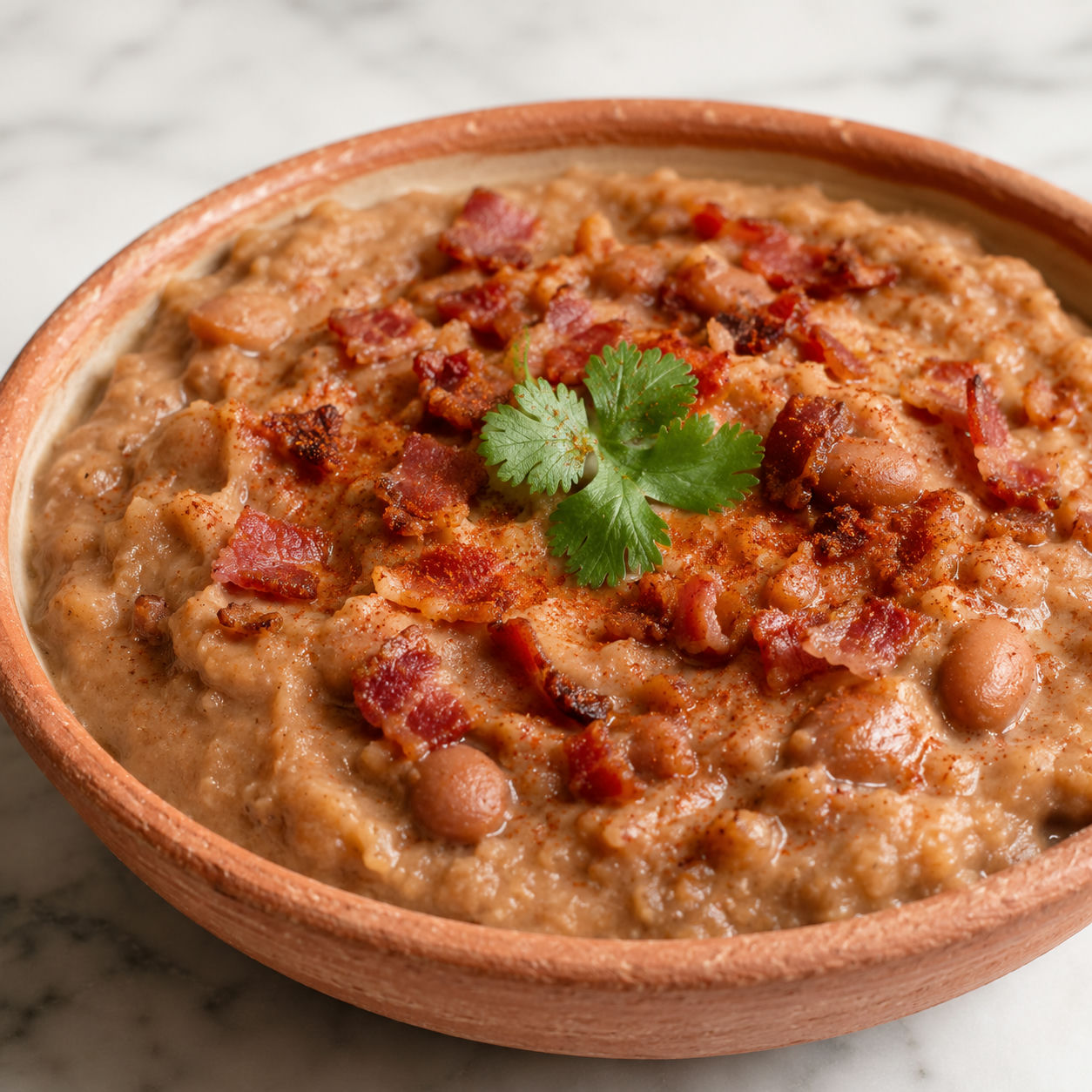 Smoky bacon refried beans in a terracotta bowl topped with crumbled bacon and cilantro
