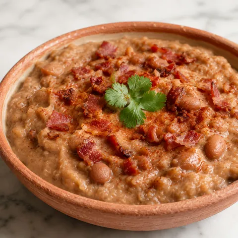 Smoky bacon refried beans in a terracotta bowl topped with crumbled bacon and cilantro