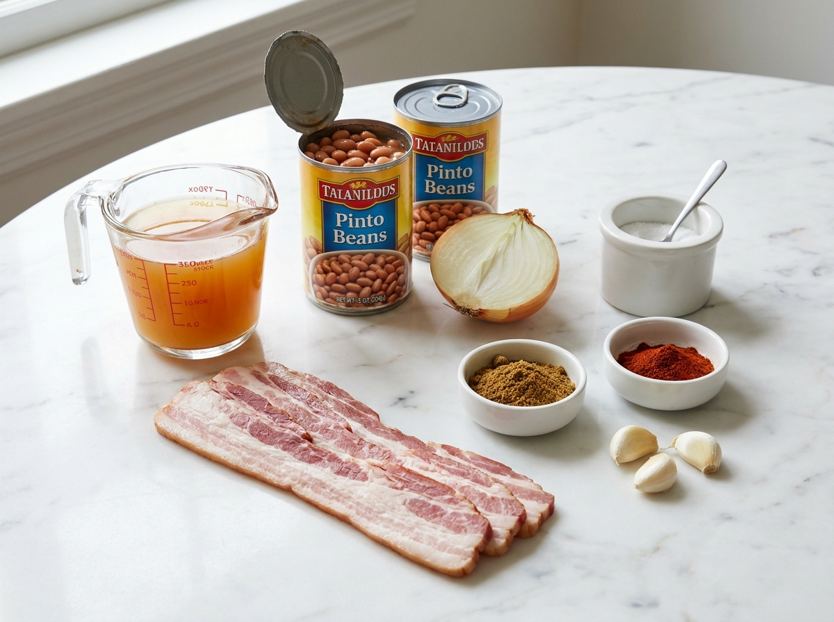 Raw ingredients for bacon refried beans including pinto bean cans, thick-cut bacon, onion, and garlic