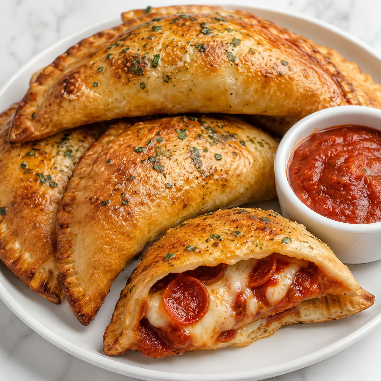 Golden cheesy pizza pockets with melted mozzarella and marinara dip