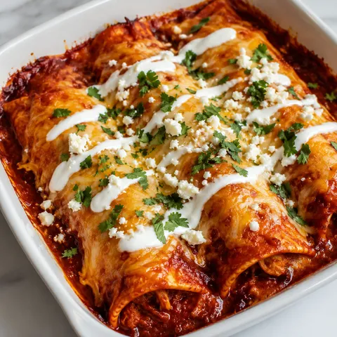 Enchiladas rojas with red chile sauce, melted cheese, crema, and cilantro in a ceramic baking dish