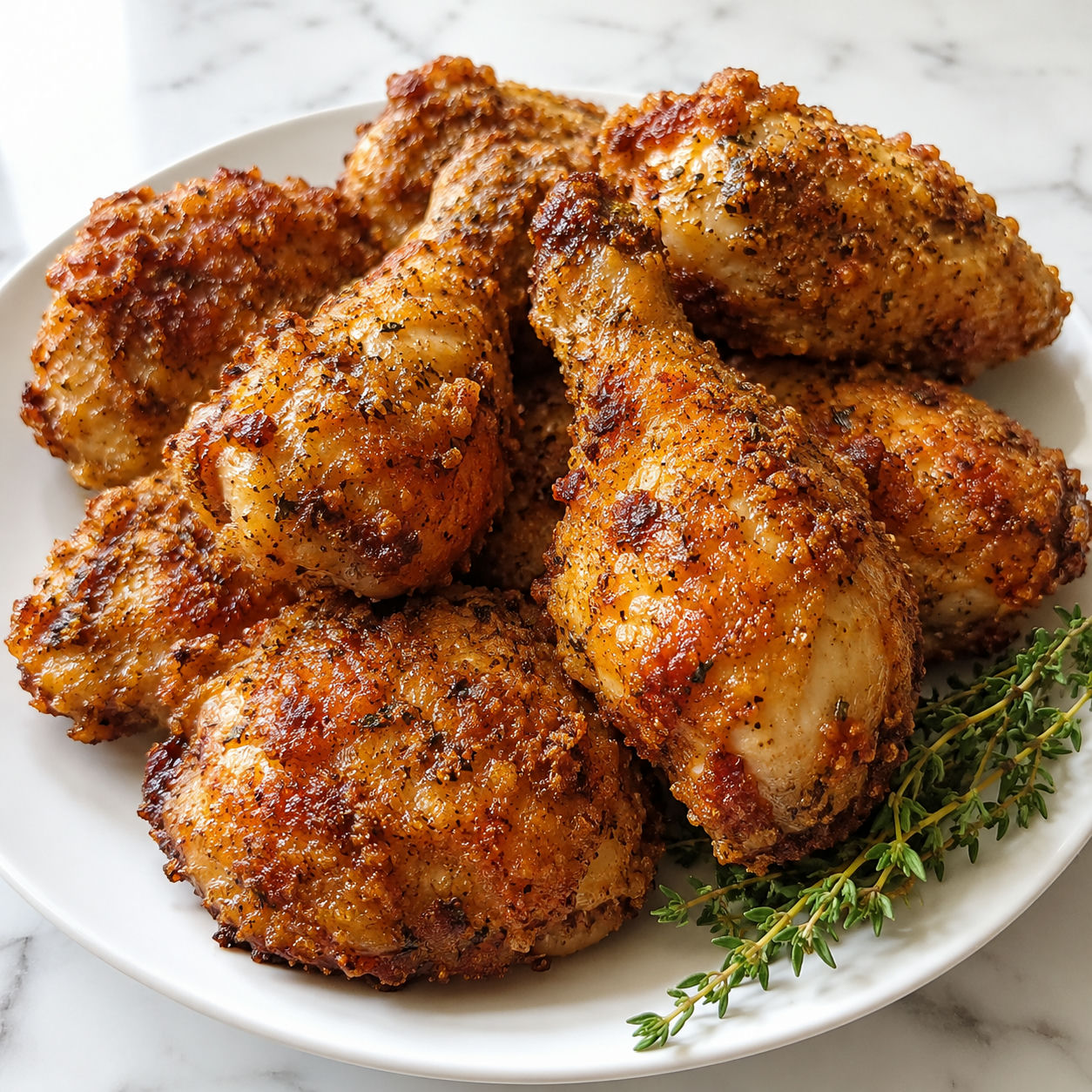 Golden crispy KFC-style oven-baked chicken thighs and drumsticks on a white ceramic plate