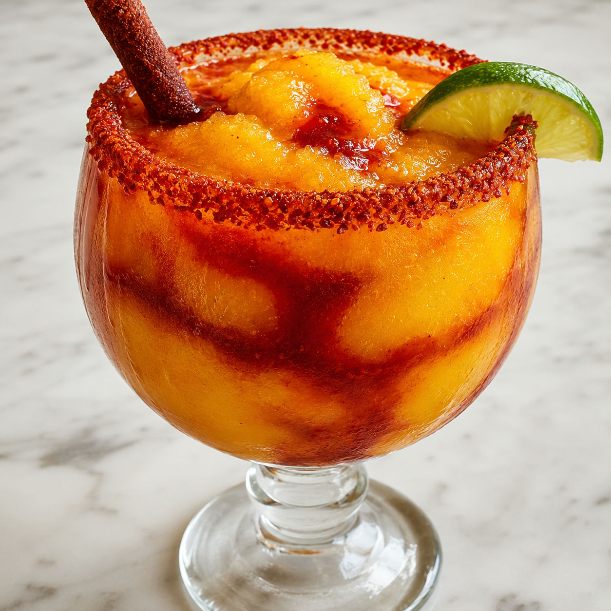 Mangonada margarita with Tajín rim, chamoy ribbons, and tamarind straw in a goblet