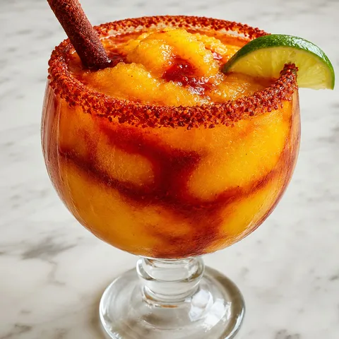 Mangonada margarita with Tajín rim, chamoy ribbons, and tamarind straw in a goblet