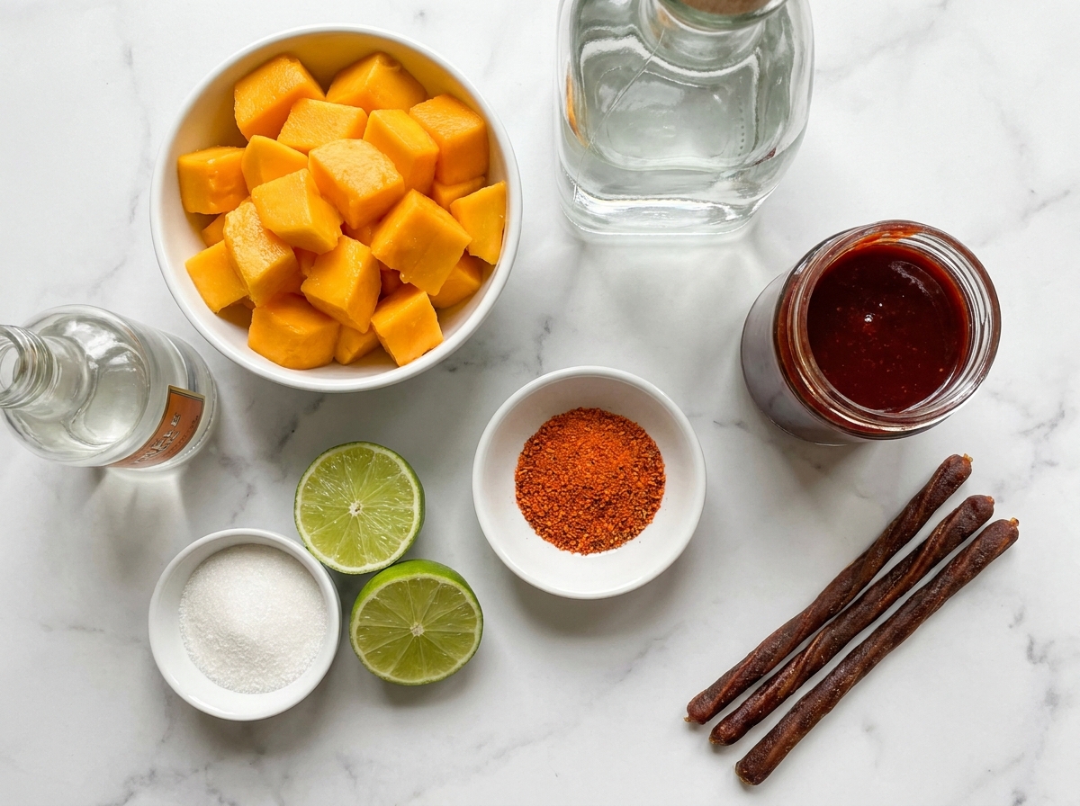 Ingredients for mangonadas margaritas including mango, tequila, chamoy, Tajín, and limes on marble