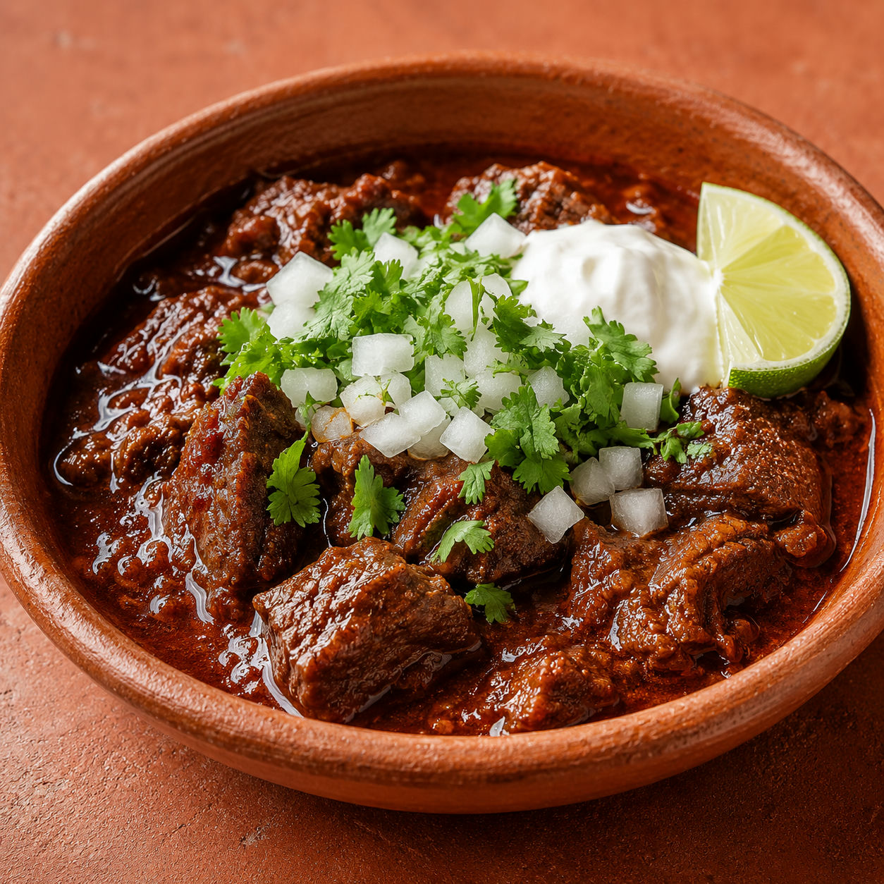 Mexican beef chili in a clay bowl with white onion, cilantro, sour cream, and lime