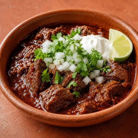 Mexican beef chili in a clay bowl with white onion, cilantro, sour cream, and lime