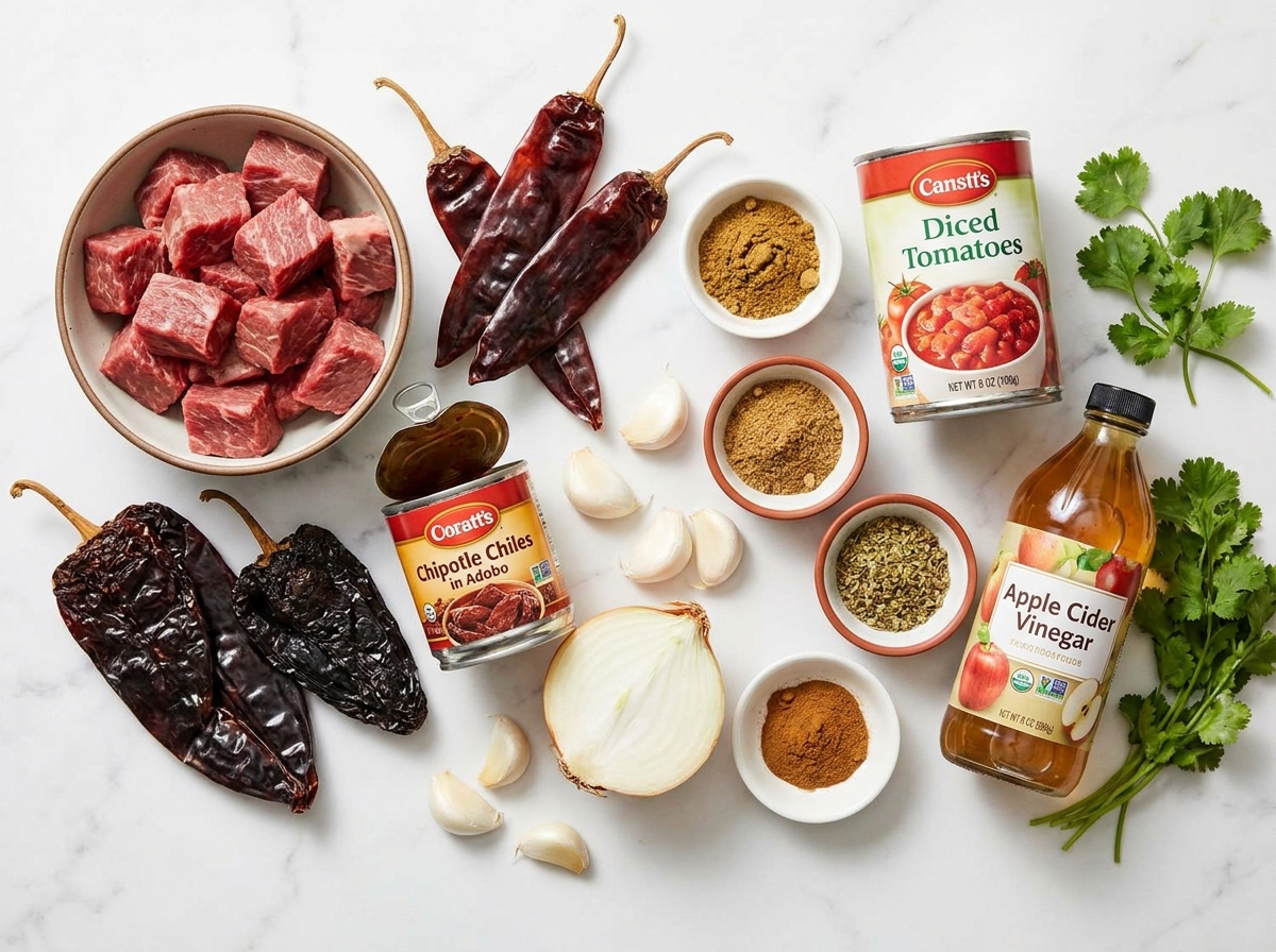 Raw ingredients for Mexican beef chili including dried guajillo chiles, beef chuck, garlic, and spices on a wood board