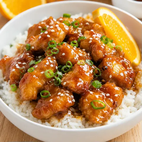 Orange chicken bites over rice with green onions and sesame seeds