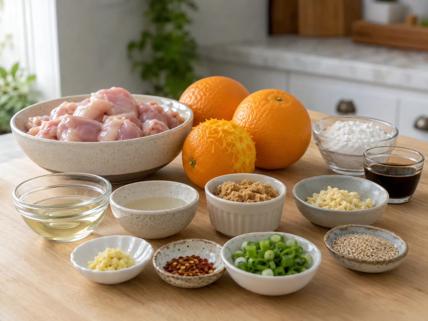 Ingredients for orange chicken bites with oranges, chicken, soy sauce, and ginger